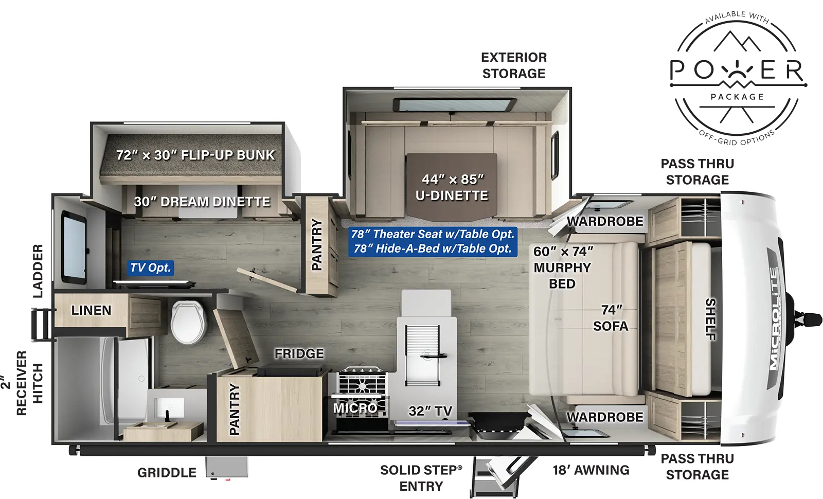 The Flagstaff Micro Lite 25FBH floorplan has one entry and two slide outs. Exterior features include: fiberglass exterior and 18' awning. Interiors features include: bunk beds, u-dinette and murphy bed.